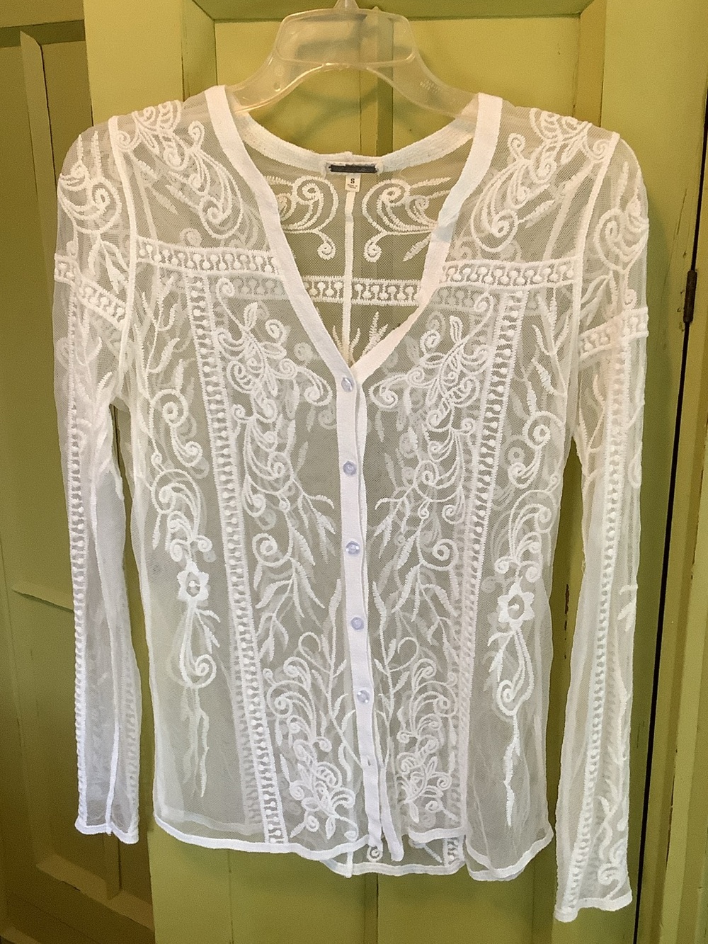 Sheer White Embroidered Button-Front Cardigan